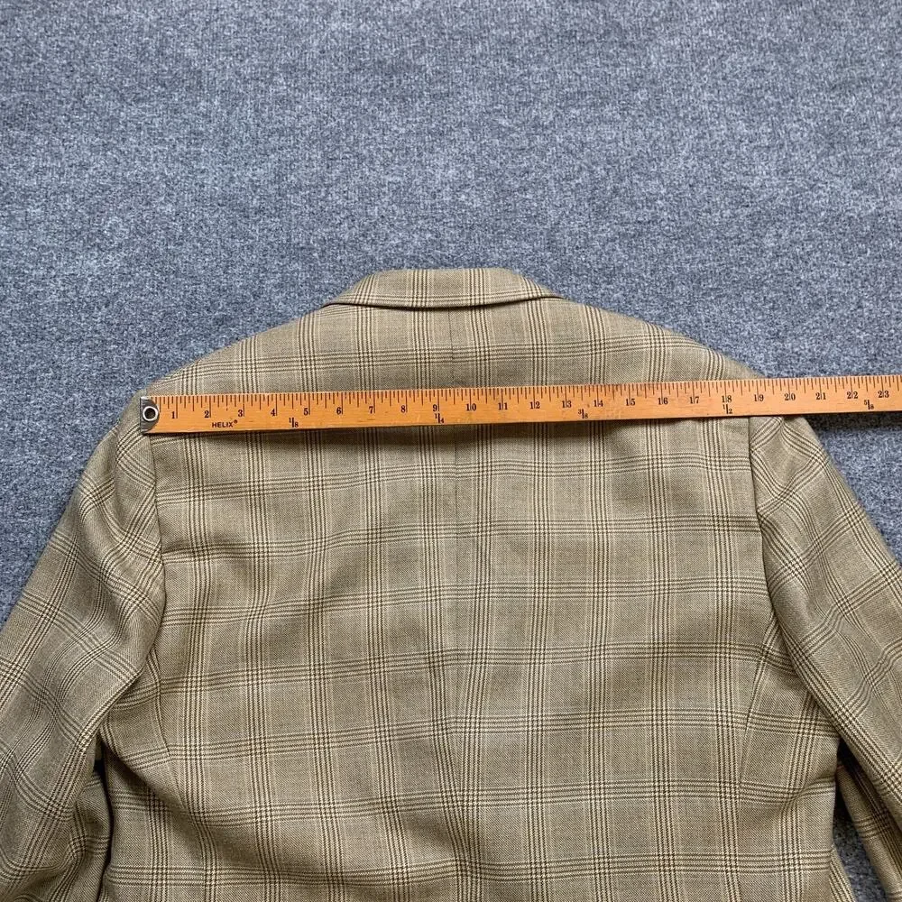 John W Nordstrom Blazer Men 44L Long Straw Beige Blue‎ Plaid Wool Silk Blend